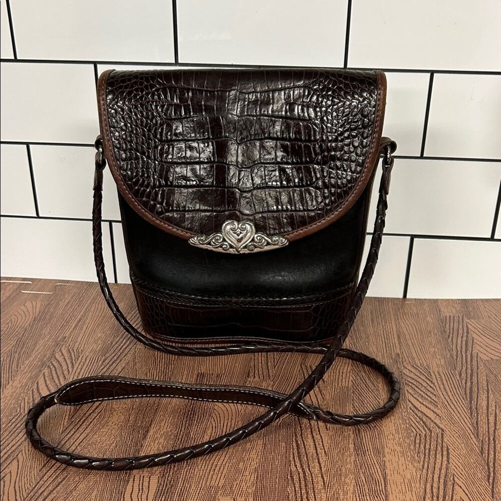 Vintage Brighton Bucket Black And Brown Croc Print Leather Crossbody 1996